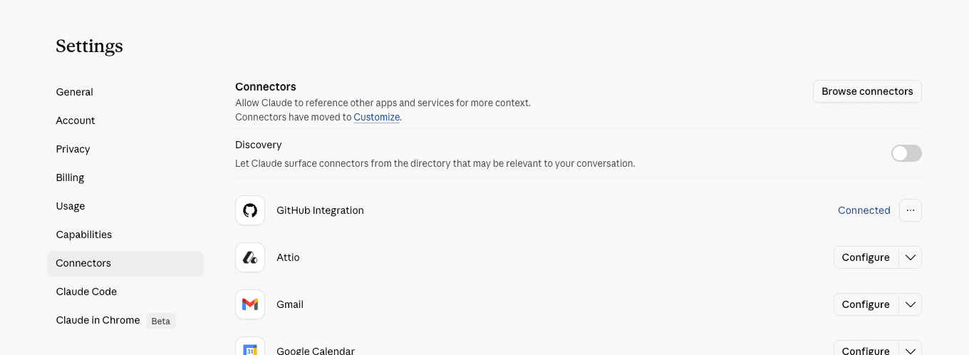 Claude Settings → Connectors page showing the Discovery toggle (off) with the description 'Let Claude surface connectors from the directory that may be relevant to your conversation', with already-connected integrations listed below (GitHub, Attio, Gmail, Google Calendar).