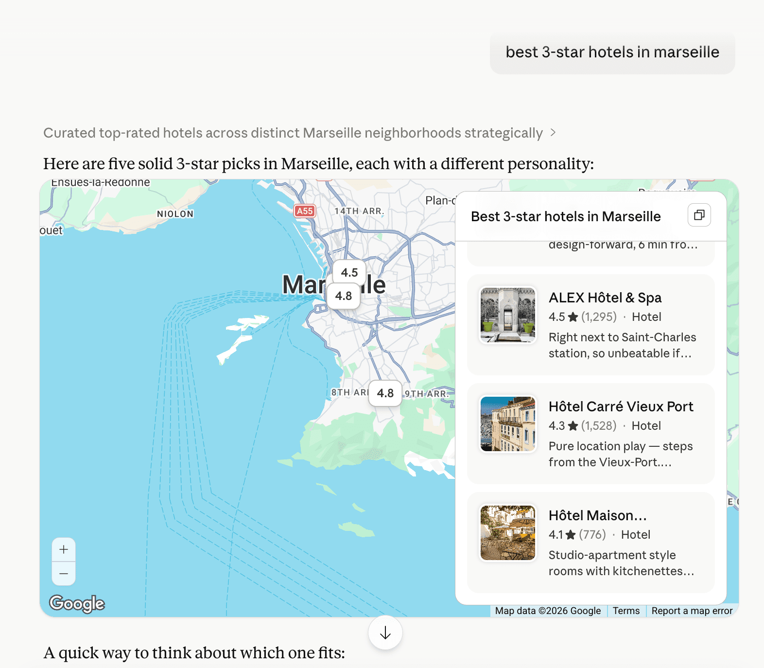 Claude.ai chat showing a map of Marseille with five hotel pins and a side panel listing ALEX Hôtel & Spa (4.5 stars, 1,295 reviews), Hôtel Carré Vieux Port (4.3 stars, 1,528 reviews), and Hôtel Maison Montgrand (4.1 stars, 776 reviews) under the title '3-star hotels in Marseille'.